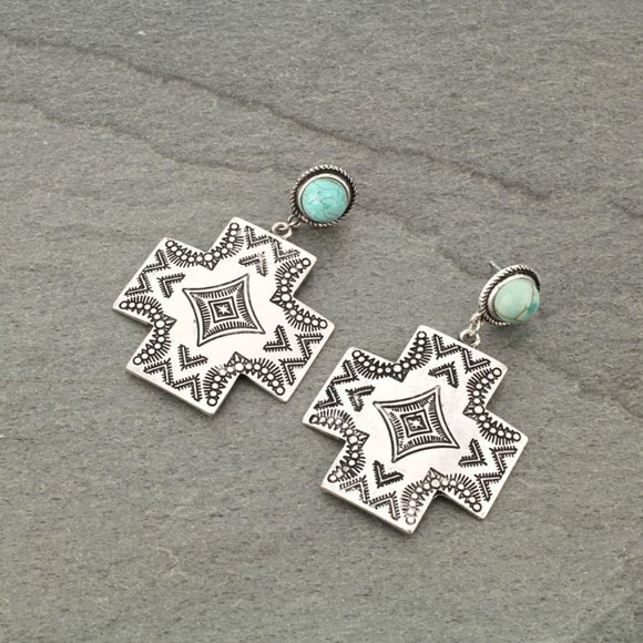 Natural Stone Aztec Cross Post Earrings - Picture 2 of 2